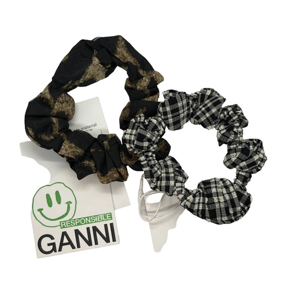 Ganni set 2 Scrunchie - Voile & Seersucker Leopard Brown & Checkered Black - Picture 2 of 5